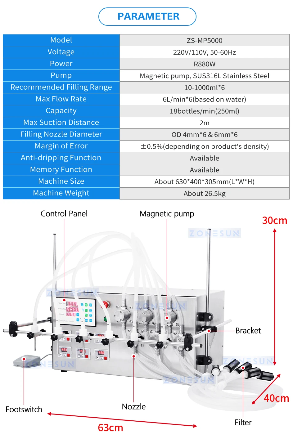 ZONESUN ZS-YTMP6S Semi Automatic 6 Nozzles Magnetic Pump Liquid Filling Machine