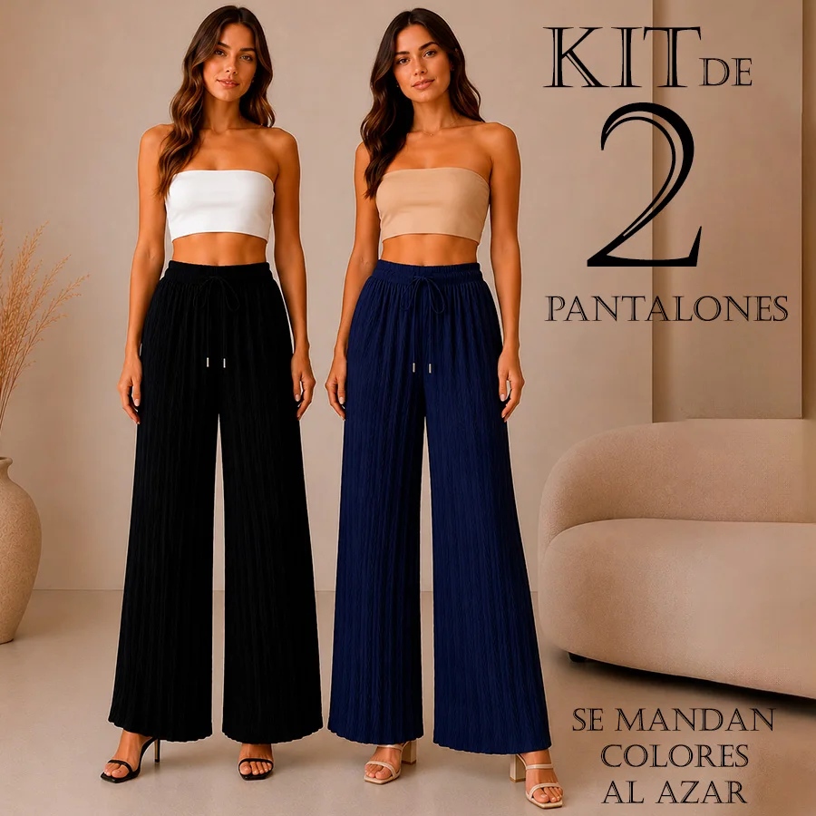 Set de 2 Pantalones Palazzo Plisados ​​con Cintura Ajustable
