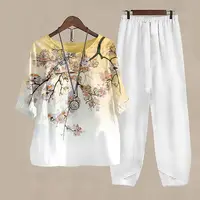 Ladies Elegant Vintage Suit Butterfly Print White Two Piece Set Casual Female Loose Outfits O Neck Short Sleeve Shirt With Pants - Image 5