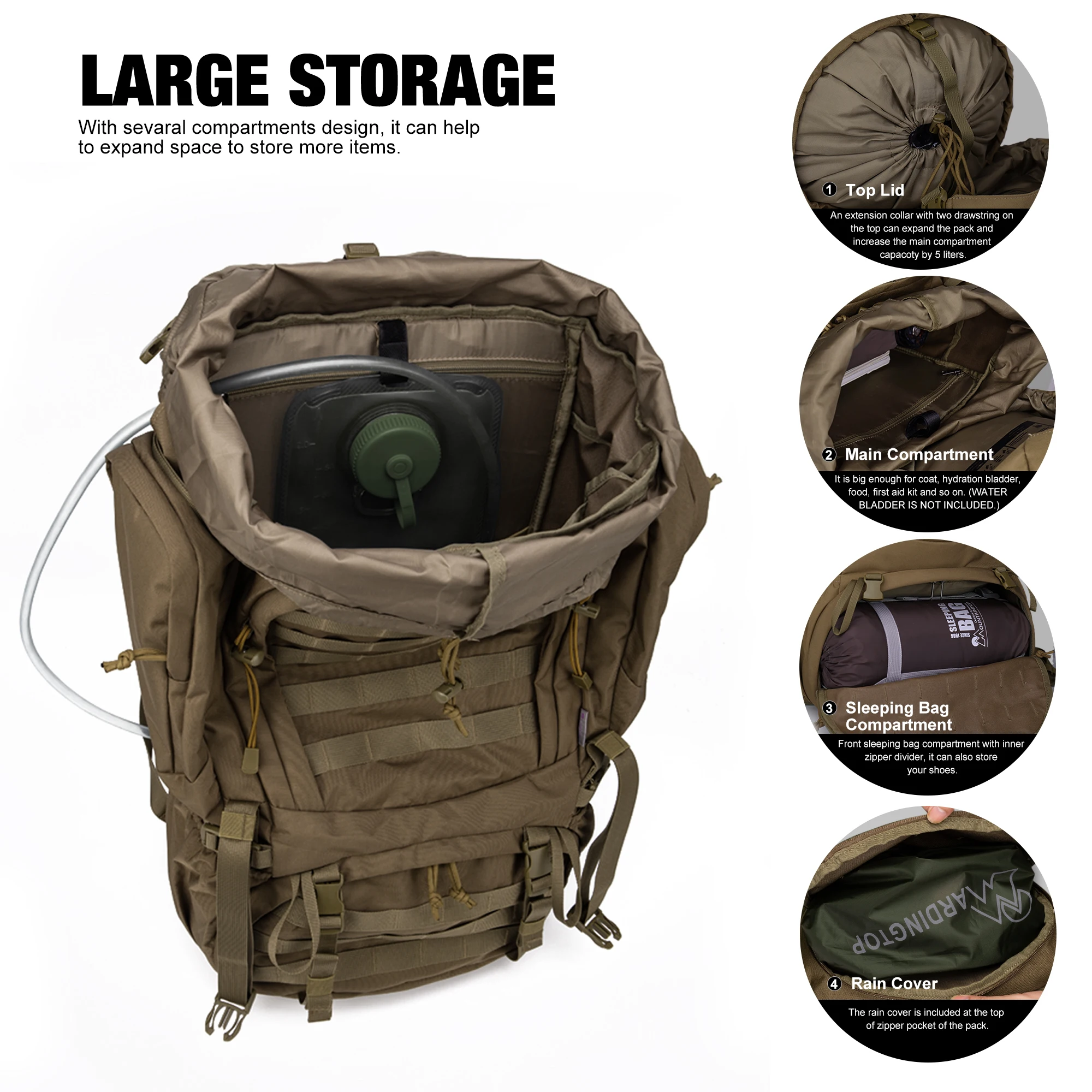 Mardingtop 60L Molle 600D Polyester Hiking Internal Frame Backpacks with YKK Zippers Rain Cover for Camping Bushcraft Military