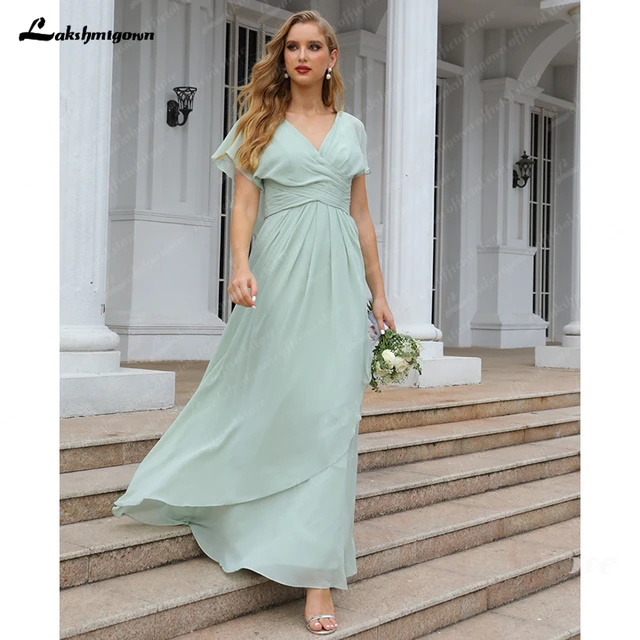 2023 Boho Beach Mother Of The Bride Dresses Mint Short Sleeves Lace Up  Mother Dresses V Neckline Wedding Party Gowns Back Out - Bridesmaid Dresses  - AliExpress