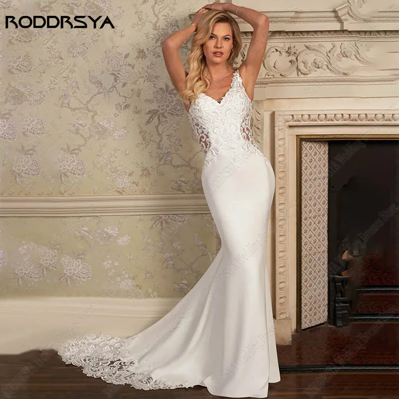 

RODDRSYA Tulle Applique Wedding Dress Sleeveless V-Neck Vestido De Noiva Boho Mermaid Bridal Gown Backless Button Bride Party