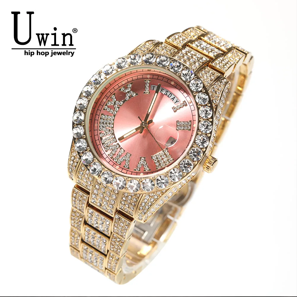 

UWIN Dual Movement Watch Full Iced Out Rhinestone Big Dial Quartz Round Stainless Steel Men's Business Wristwatches