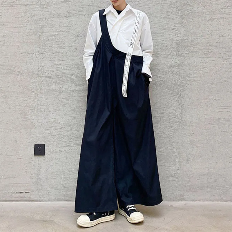 Men Casual Pants Suspender Retro High Waist Wide Leg Trousers Spring Summer
