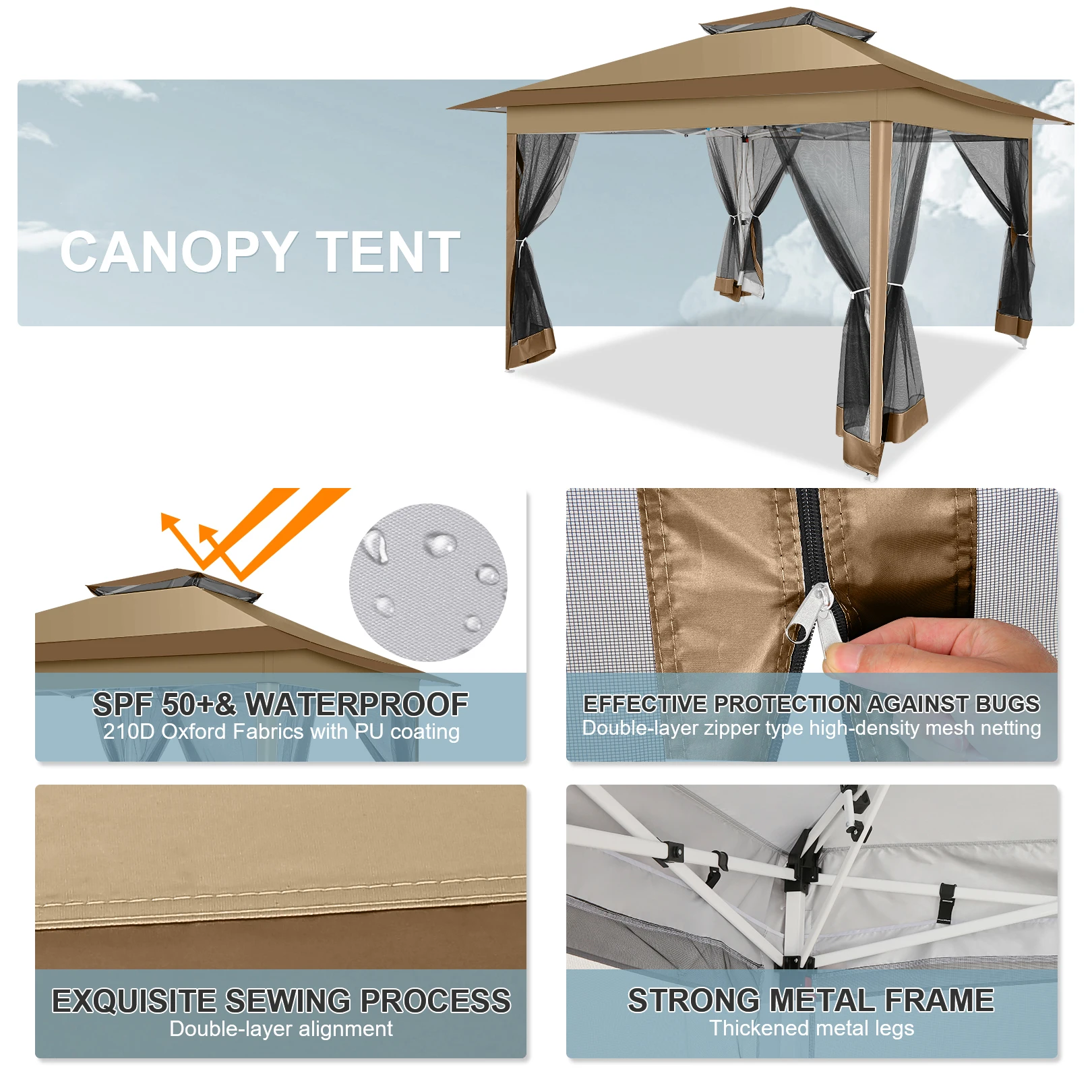 3x3M Waterproof Stable Folding Pavilion,Pop-up Garden Pavilion with 4 sidewalls Mosquito Net,Party tent,Double roof For Garden