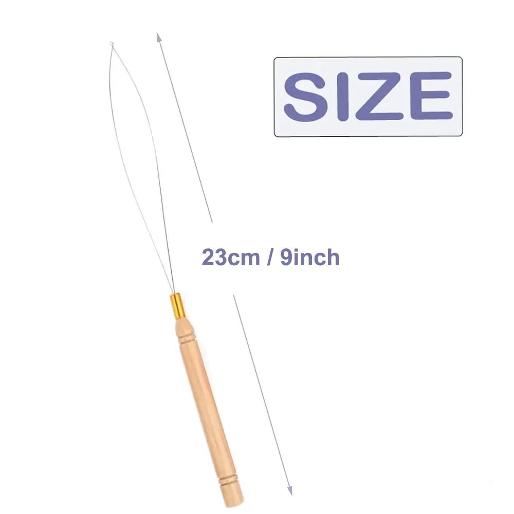 Hair Extension Tool 3pcs Hair Extension Loop Needle Threader Pulling Hook Tool Bead Device Tool Hair or Feather Extensions-Wooden and Stai