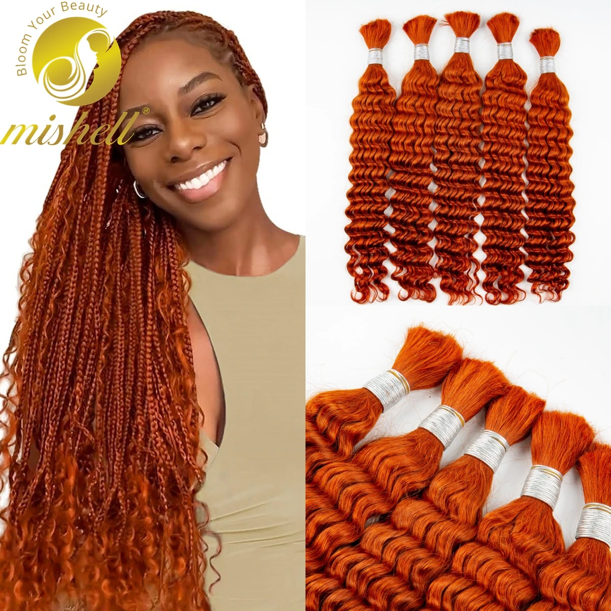 350 # Gember Oranje Menselijk Haar Bulk 28Inch Diepe Golf Menselijk Haar Voor Vlechten 100% Onbewerkt Geen Inslag Vingin Haar Bulk Extensions