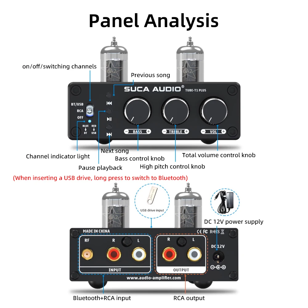 SUCA-Áudio-Amplificador Bluetooth 5.0, Amplificador de Tubo, Suporta USB, RCA, Amplificador de Som, HIFI, Casa, AMP, HIFI, Tubo, T1 Plus, NE5532