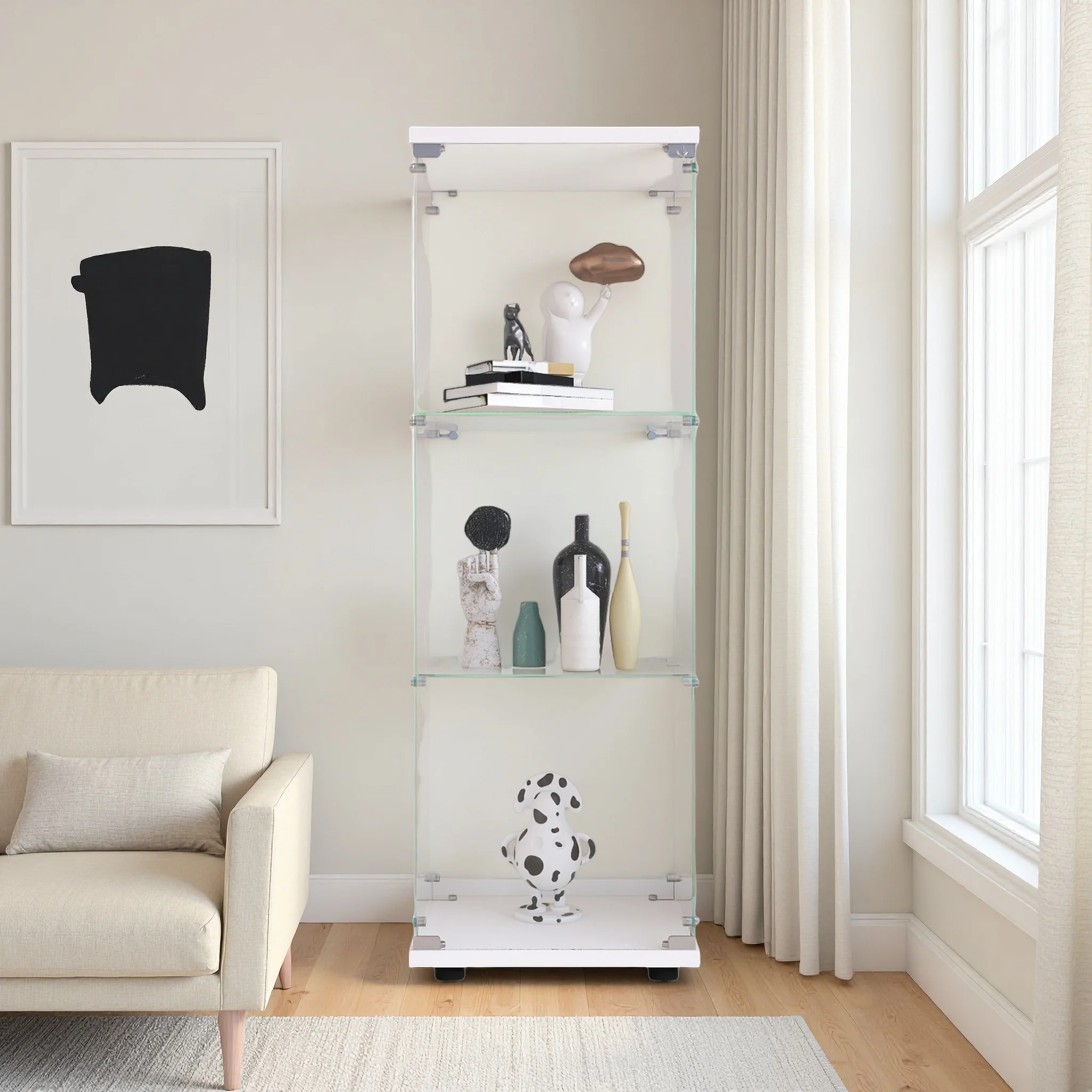 Rosahqnda Three-layer Glass Display Cabinet wardrobe with Doors and Locks, living room/office floor-to-ceiling glass shelf