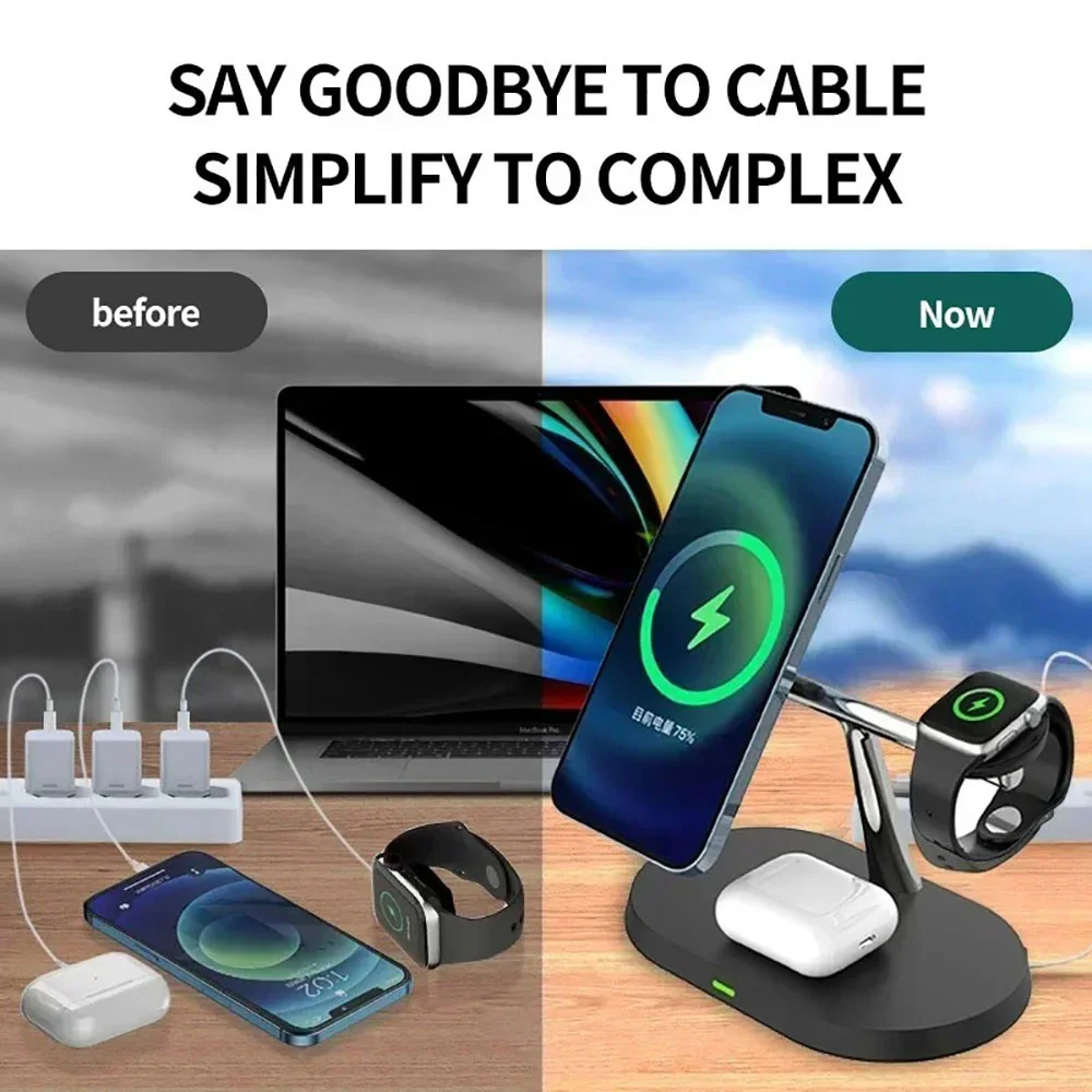 3 in 1 Magnetic Wireless Charger Stand Phone Charger Holder Fast Charging For iPhone 16 15 14 13 Pro Max Apple Watch Airpods 15W