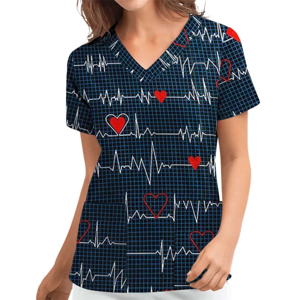 Love Womens T-Shirts Medical Nursing Uniform Stretch Ombre Print V-Neck Short Sleeve T Shirt Tops With Pocket Women's Clothing