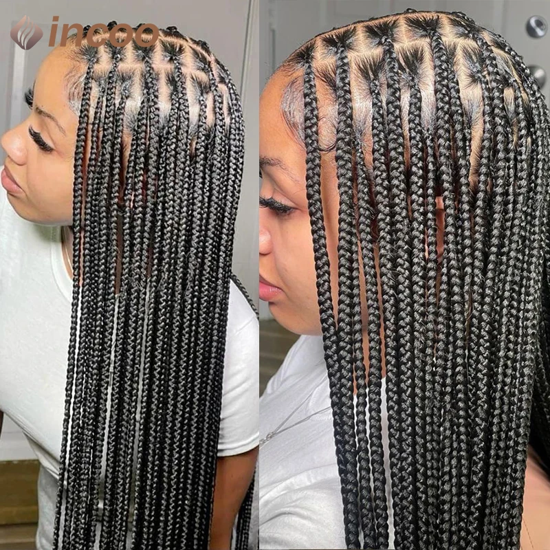 

Synthetic Braided Wigs for Black Women 36" Full Lace Frontal Wig Knotless Box Braids Wig African Small Square Box Braided Wigs