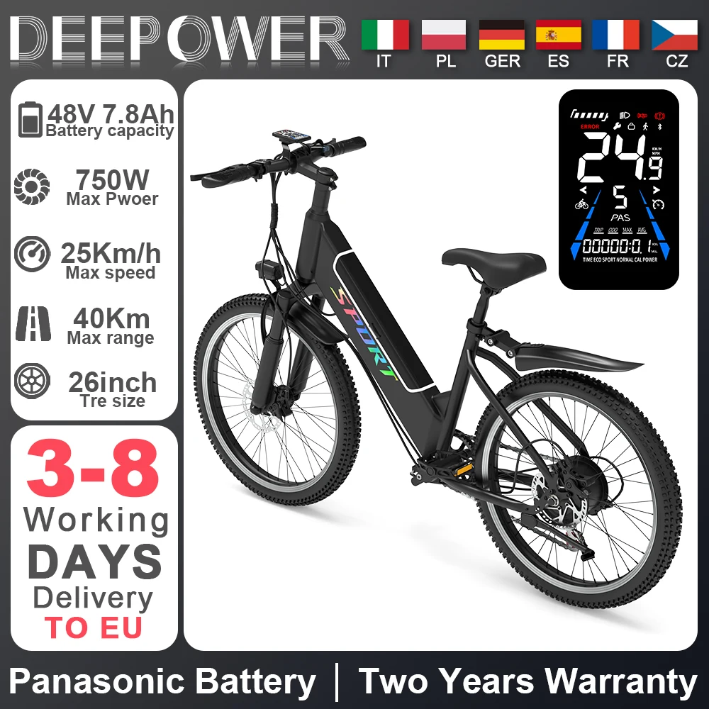 DEEPOWER elektrische fiets voor volwassenen 26 "750W borstelloze motor 25 km/u 7,5 Ah lithiumbatterij elektrische woon-werkfiets 50 km kilometerstand Ebike