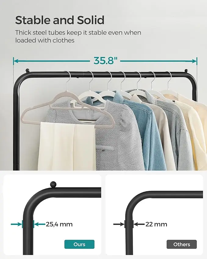 Clothes Rack with Wheels, Black Finish, Includes Storage Shelf, 110 LBS Capacity, Ideal for Hanging Clothes or Garment Storage. 6