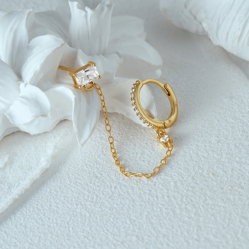 Aide Real 925 Sterling Silver Gold Chain Hoop Stub Piercing Earring For Women Block Clear Zircon Find Jewelry Wedding Party Gift,silver earrings,silver stud earrings,silver hoop earrings,womens earrings