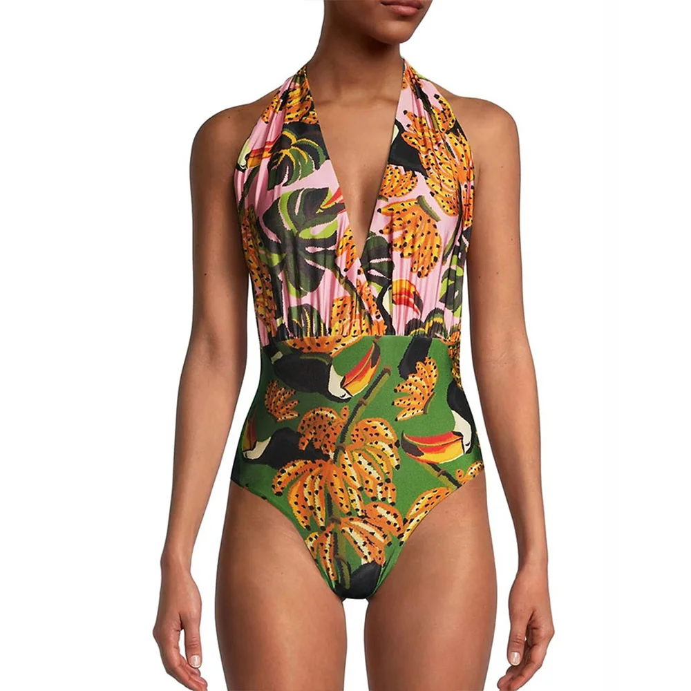 

Color Printed Siamese Cross Strap Bikini Neck V-Neck Sexy Hollow Swimsuit Female Sexy Slim Backless High Waist Cropped Beachwear