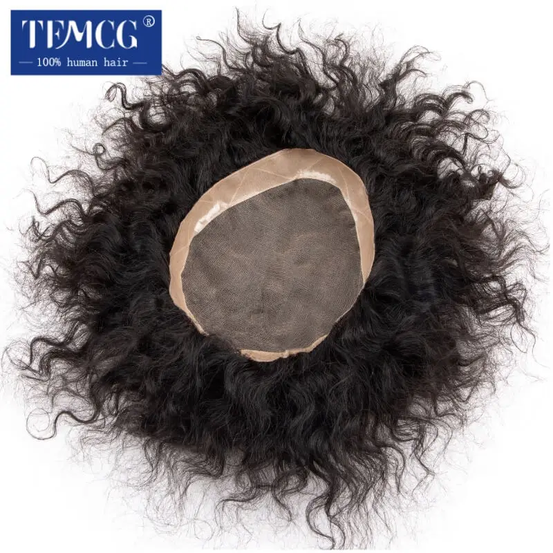 Water Curly Male Hair Prosthesis Mono Hair System Unit for Men Durable Wig For Men 100% Human Hair Replacement Men's Wig