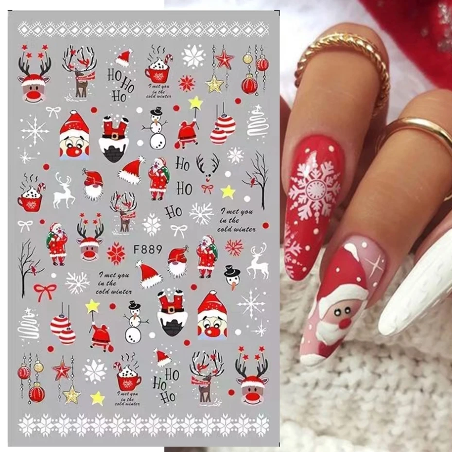 Nail Stickers Red Santa Claus Nail Art Decoration Sticker Unique Nails Penguin Snowflake Winter New Year 3D Sliders Manicure Decor