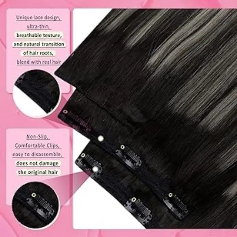 YoungSee Ombre Black Clip in Hair Extensions with Lace Blend of Black and Silver with Roots Human Hair For Salon 7Pcs 120G human hair extensions