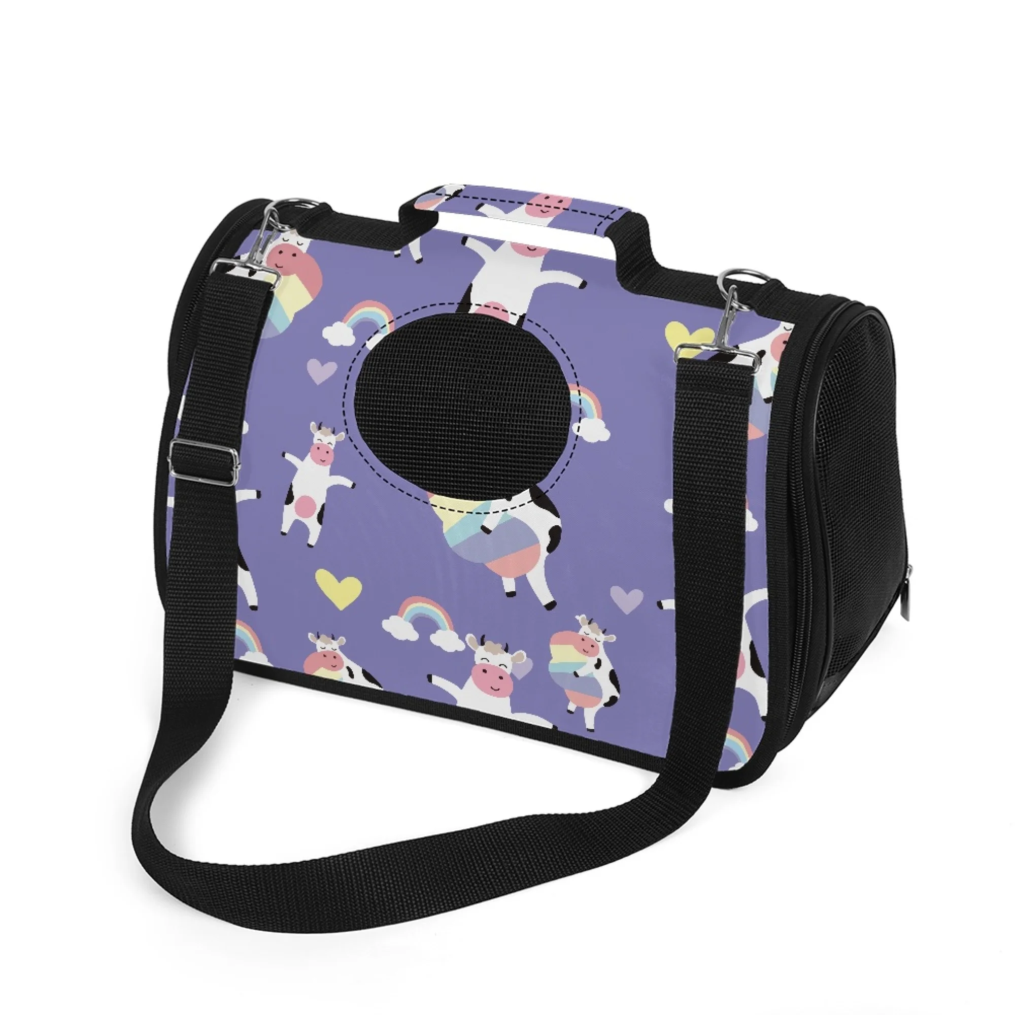 

2022 Purple Carrier For Cat Cartoon Cute Cow Pattern Pet Products Cat Backpack Print On Demand Cat Transport Bag Pet Cat Arrier