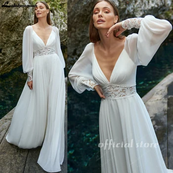 Lakshmigown A-Line Plunging V-neck Lace Appliques Long Sleeves Wedding Dress 2026 Floor-length Backless Bridal Gown Customized 1