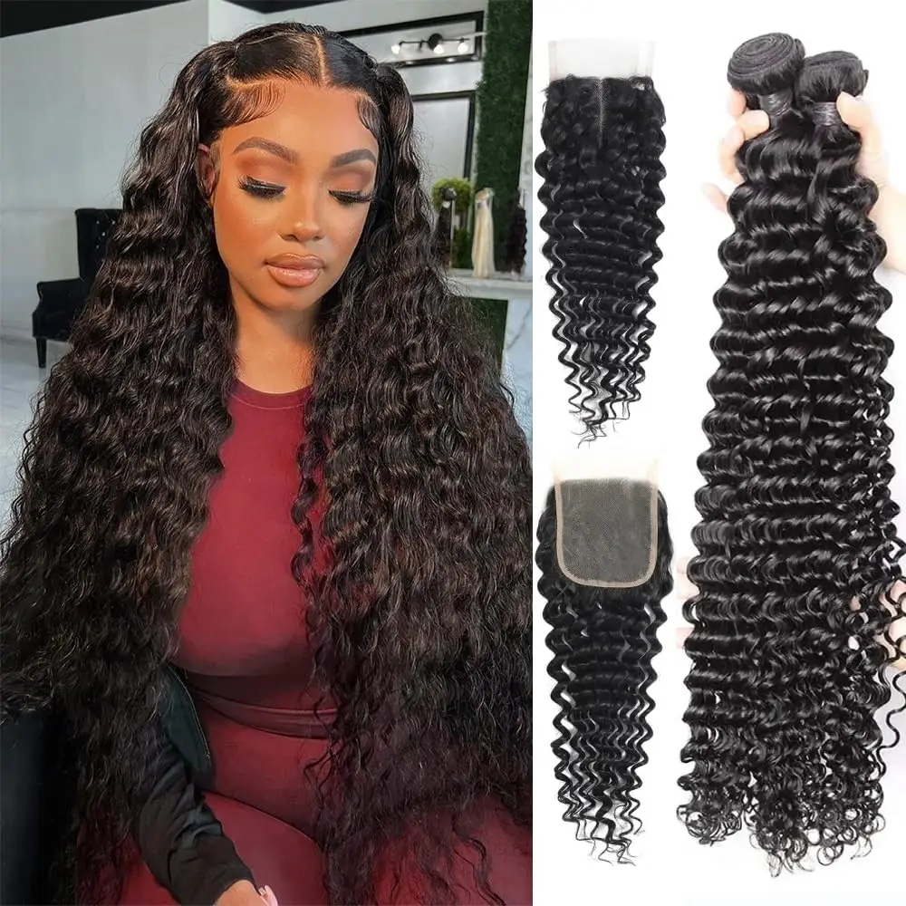 

12A Brazilian Deep Wave Bundles with Closure Human Hair 24 26 28 22 Hair Bundles Human Hair with Closure 180 Density Unprossed