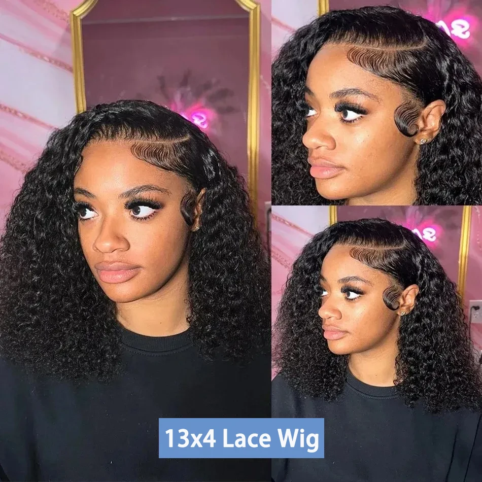 250 Density 13x4 Short Bob Wig Human Hair Transparent Lace Front Bob Wigs Human Hair Deep Wave Curly Pre Plucked for Women
