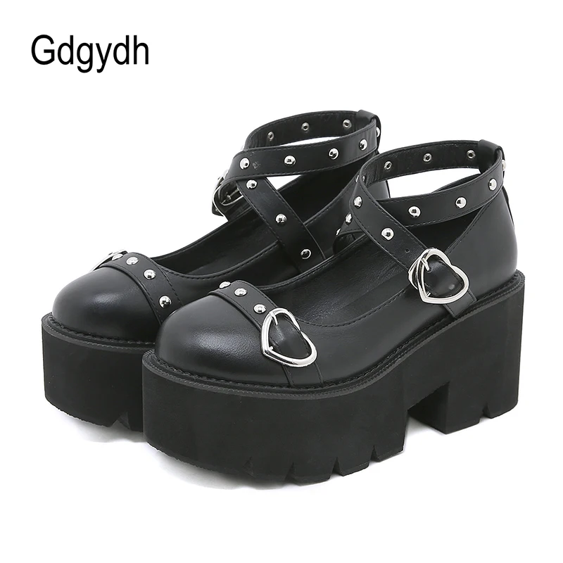 Gdgydh Gothic Lolita Shoes Platform Mary Janes for Women Round Head Thick Heel Cross Bandage Heart Buckle Kawaii Shoes Cosplay