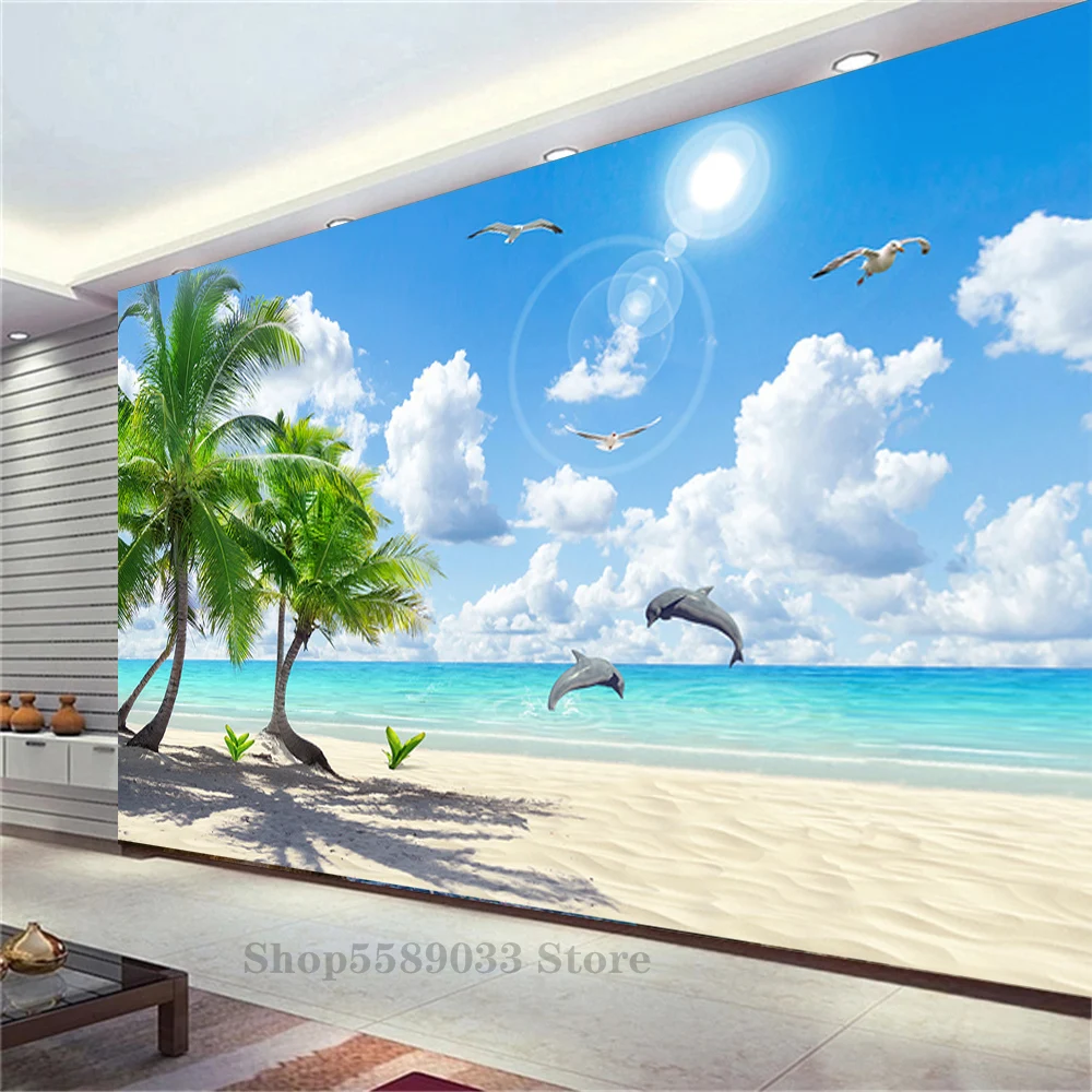 Clear Sky Seaside Resort Panoramic Wall Mural Large Size Custom Decorative Wallpaper Corridor Sofa Background TV Backdrop Home photo pic