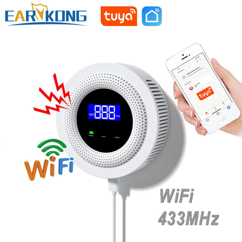 Tuya WiFi Natural Gas Leakage Detector 433MHz Wireless Combustible Gas Leak Sensor Home Kitchen Security Alarm Smart Life APP