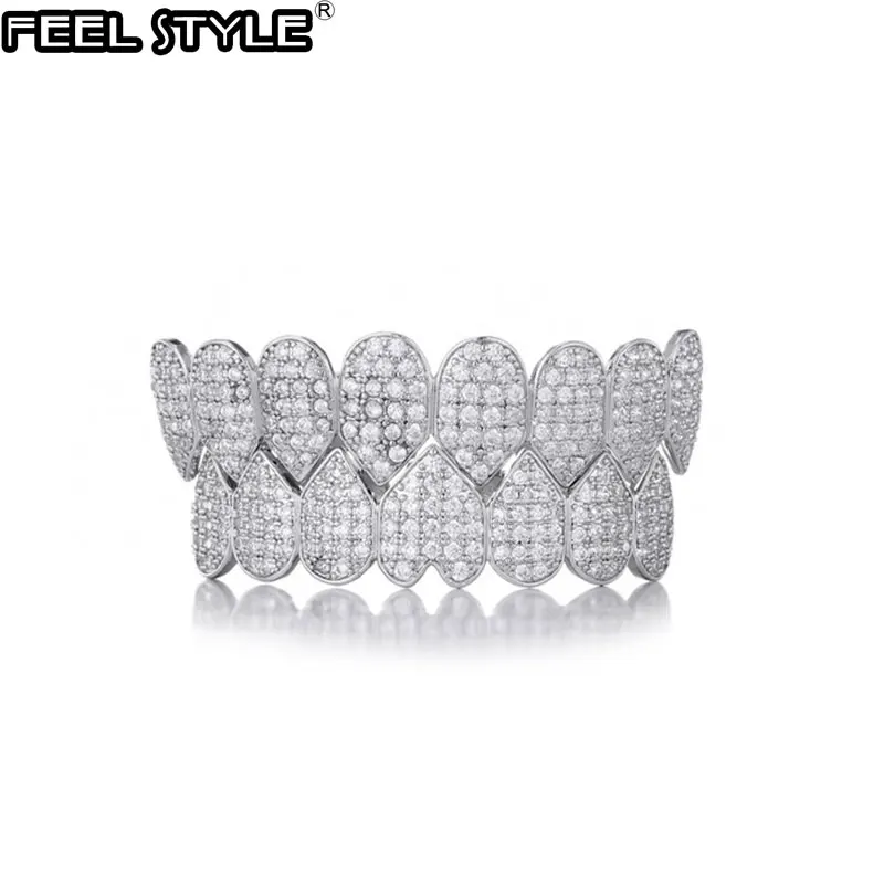 

Feel Style CZ Teeth Grillz Caps Bling Cubic Zircon Iced Out Micro Pave Top&Bottom Charm Grills Set For Men Women Jewelry Gift