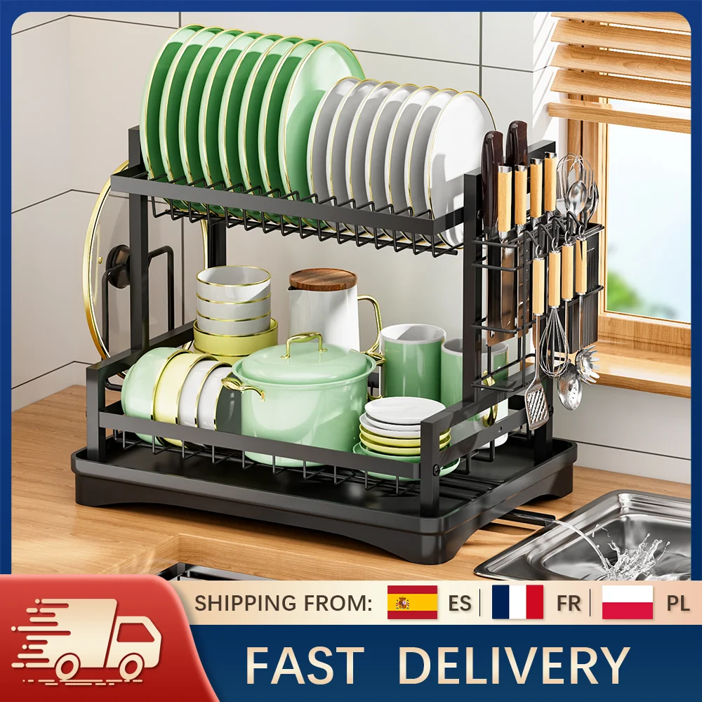 Double Draining Rack 2 Tier Dish Drainer Rack Rustproof Dish Drainer Rack with Drip Tray and ...