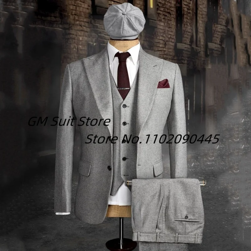 2022Men's 3-piece Suit (Jacket+Vest+Pants) Herringbone Lapel Solid Color Single-breasted Handsome British Style Suitable Wedding 2
