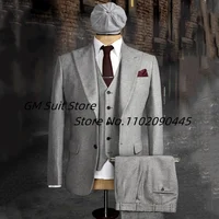 2022Men's 3-piece Suit (Jacket+Vest+Pants) Herringbone Lapel Solid Color Single-breasted Handsome British Style Suitable Wedding 2