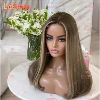 Ombre Blond Brown Soft Long  Straight Natural  Silk Base Jewish Human Hair Wig   Lace European Hair for daily party work