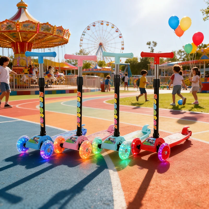 Scooter de acero plástico plegable de altura ajustable para niños scooter de 3 ruedas con ruedas de color flash