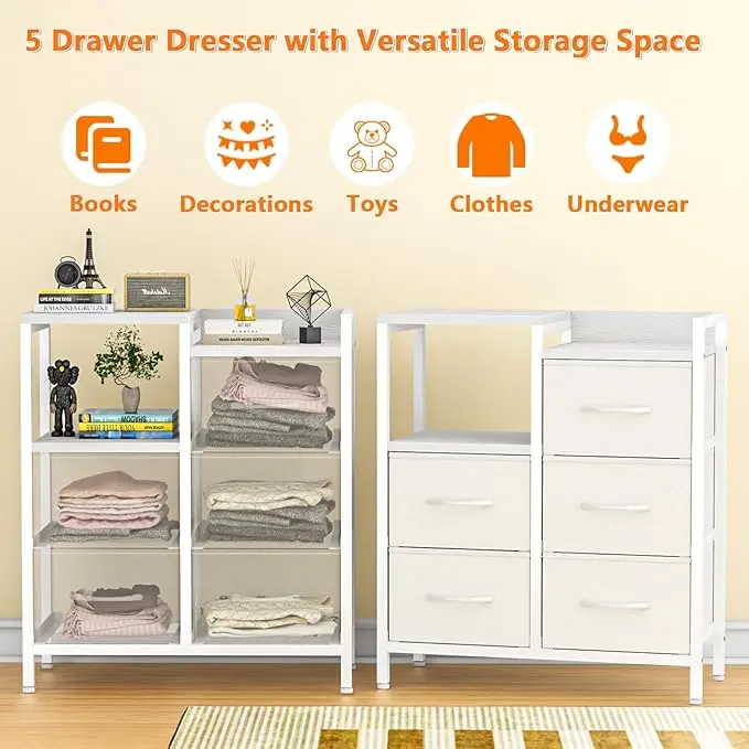 5-Drawer White Dresser - 2-Tier Shelf & Fabric Storage - Sturdy Metal Frame - Modern Design - Compact for Bedroom, Closet 5