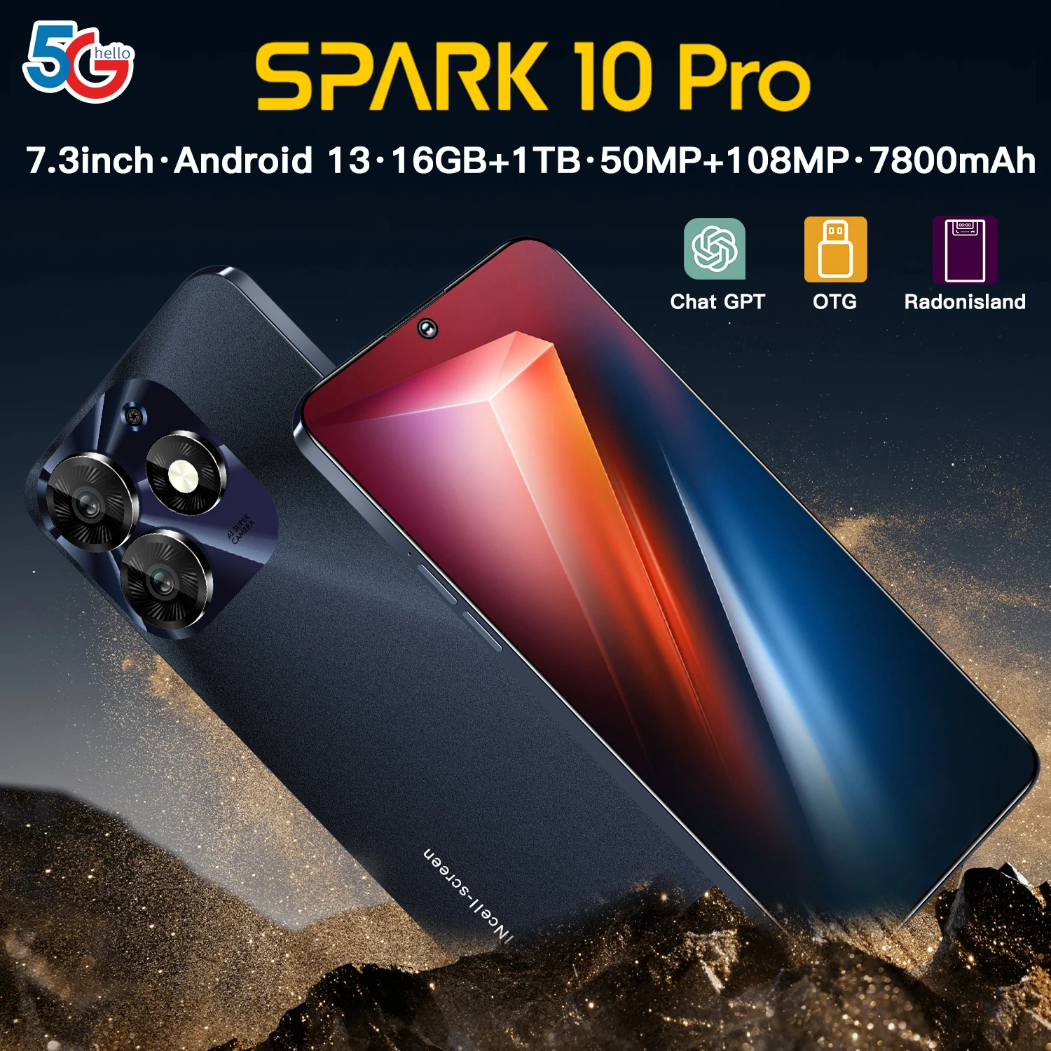 2024 New Spark 10 Pro Smartphone 5G Cell Phone 7.3 HD 7800mAh Cellphones 16GB+1TB Dual Sim Mobile Phone Android Face Unlocke