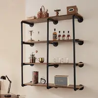 4-Tier Industrial Pipe Shelf, Wall-Mount Floating Design, Rustic Wood Shelves for Kitchen, Bedroom, or Bathroom Storage (Planks 2