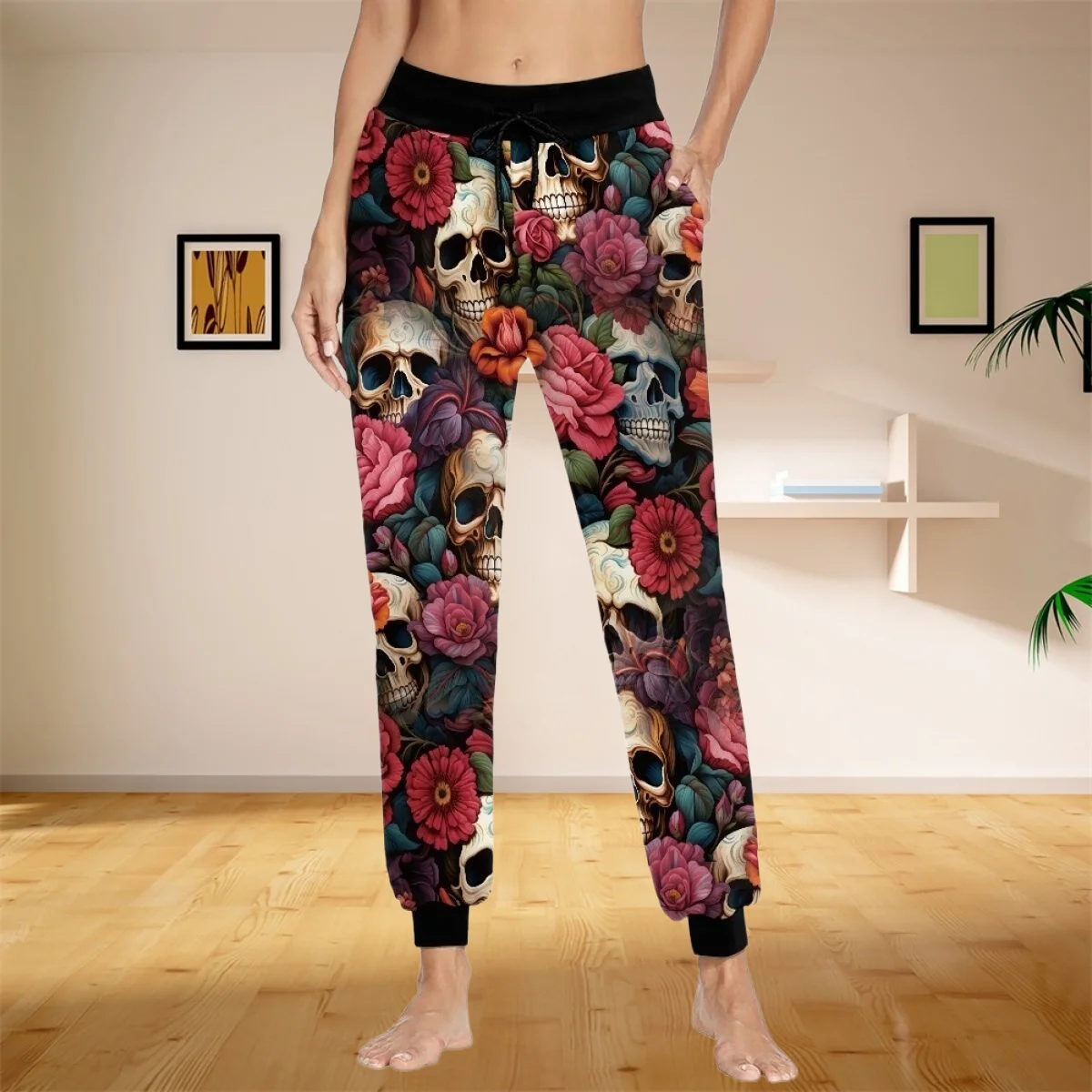 

Skull and Flowers Print Women Men Casual Pants Cozy Soft Elasticity Sports Pant Unisex Streetwear Teenage Joggers Style Trousers