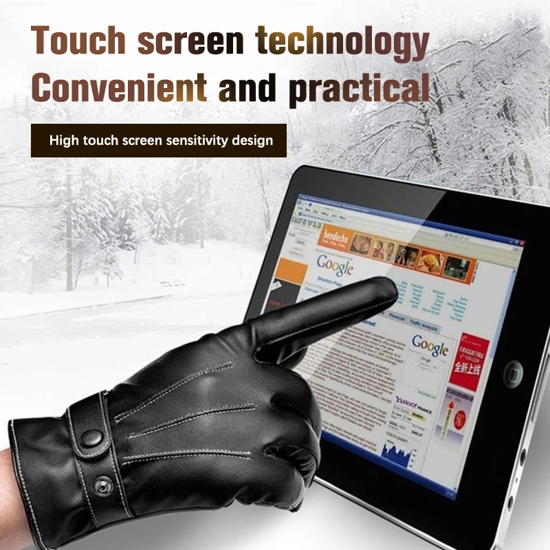 Men Winter PU Leather Black Gloves Button Warm Mittens Outdoor Sports Driving Skiing Men's Windproof Gloves Winter Supplies 5