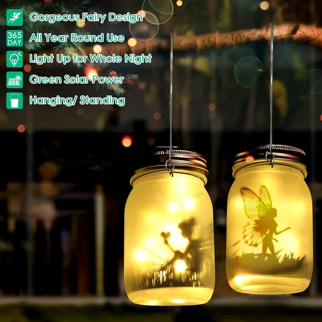Solar Lantern Fairy Lights Garden Ornament Outdoor Hanging Frosted Tree Table Yard Patio Lawn Portable Glass Mason Jar Lamp 3