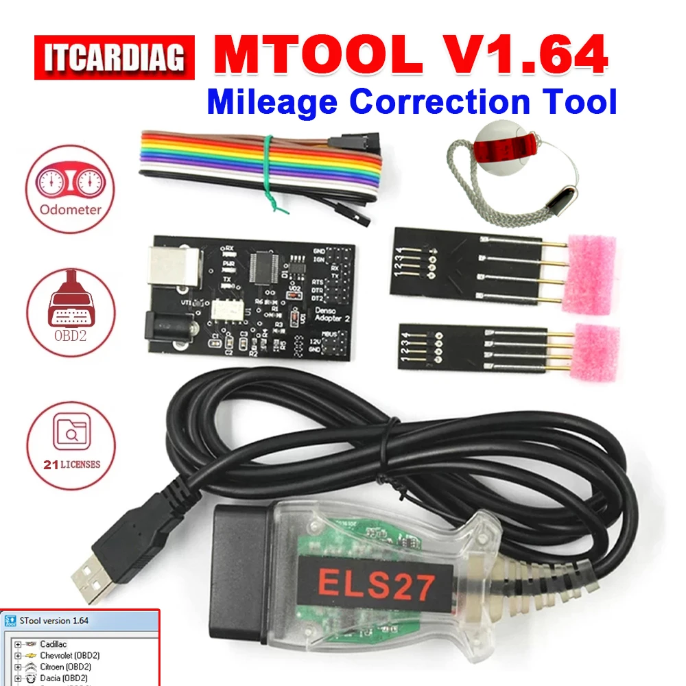 

Mtool V1.64 Full Set Rollback Programmer Mileage KM Adjustment Software Dongle + Denso Adapter Denso Pin Connector + ELS27 Cable