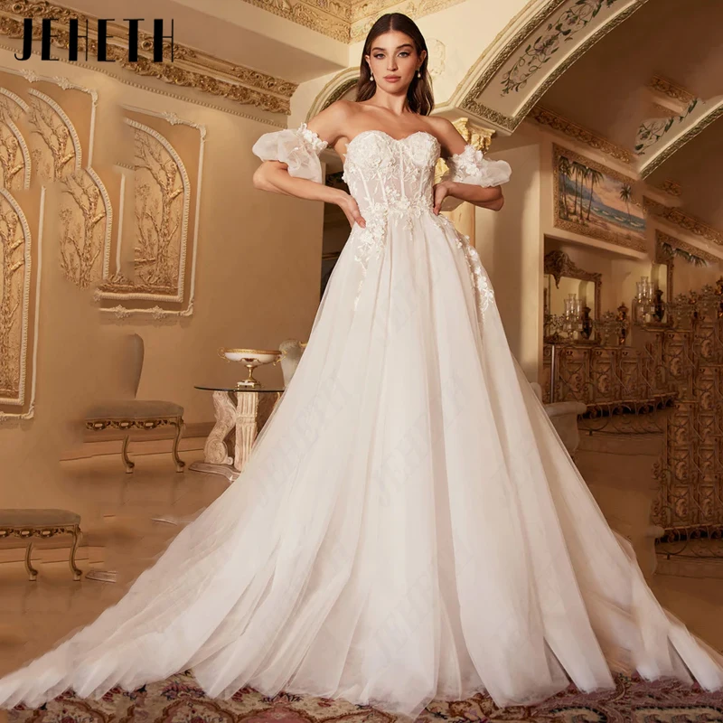 

JEHETH Detachable Puff Sleeves Wedding Dress Women Sweetheart Lace Appliques Bridal Gowns Tulle Illusion Backless Robe De Mariée