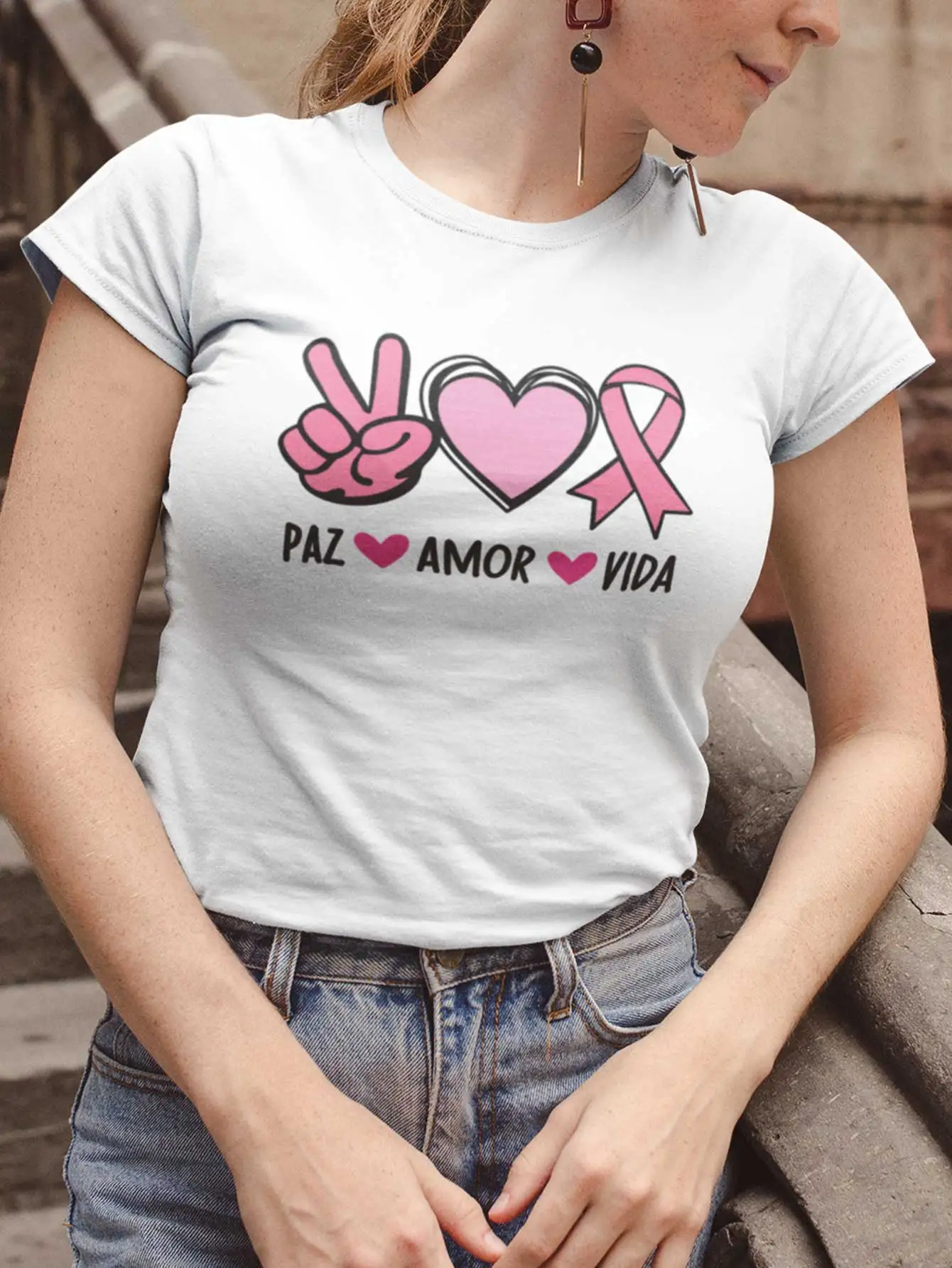Playera De Mujer Paz Amor Vida Lucha Contra el Cáncer de Mama | Playera entallada y fabricada con 100% Algodón | Pega Vinilo