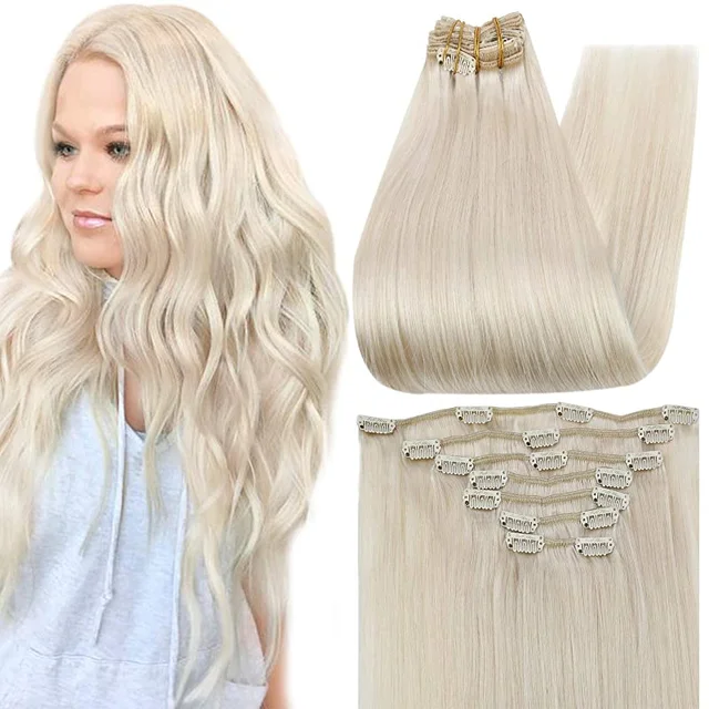 Full Shine Clip In Human Hair Extensions Balayage Ombre Blonde Black Hairpins 7pcs 120g Double Weft 100% Machine Remy For Woman 60 Platinum Blonde