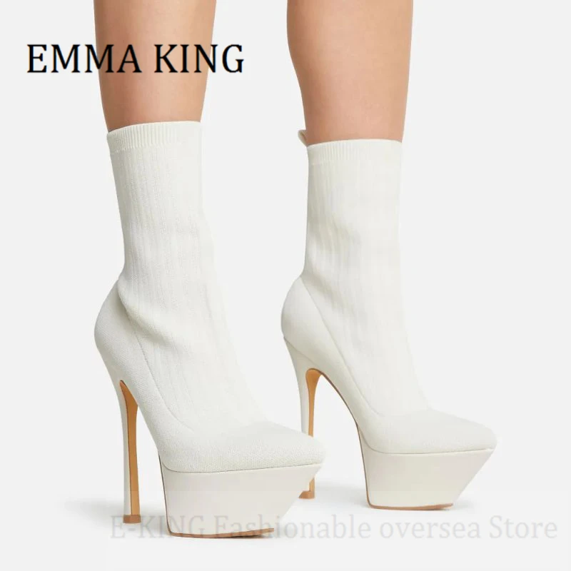 

Autumn Women Women Platform Stretch Knit Sock Boots Pointed Toe Stiletto Heels Ankle Boots Ladies Slip-on Shoes Botas De Mujer