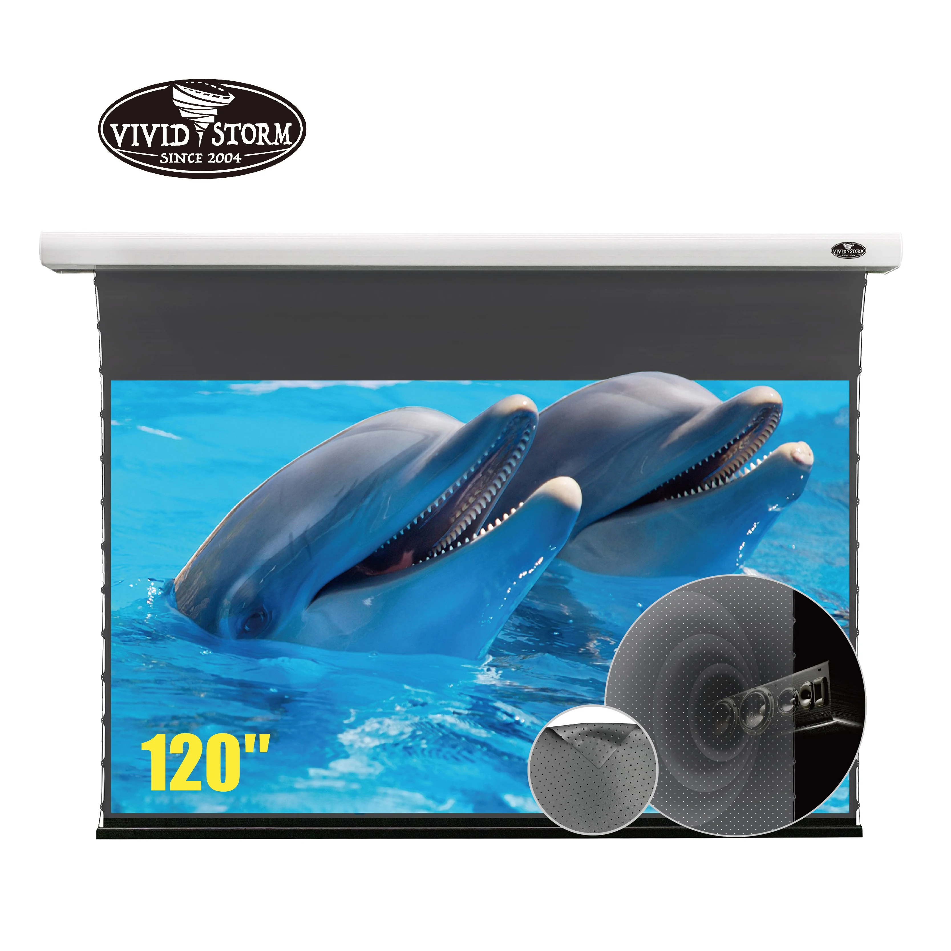 Vividstorm 120 Pollici Slimline Electric Tab-Tensionato Pull Down Obsidian Long Throw Sound Perforate Acusticamente Trasparente