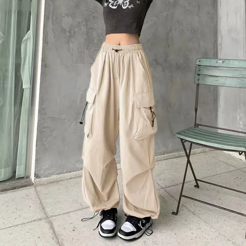 

2024 Women Y2K Cargo Pants Solid Low Waist Joggers Tech Pants Drawstring Wide Leg Baggy Hip Hop Trousers Streetwear Sweatpants