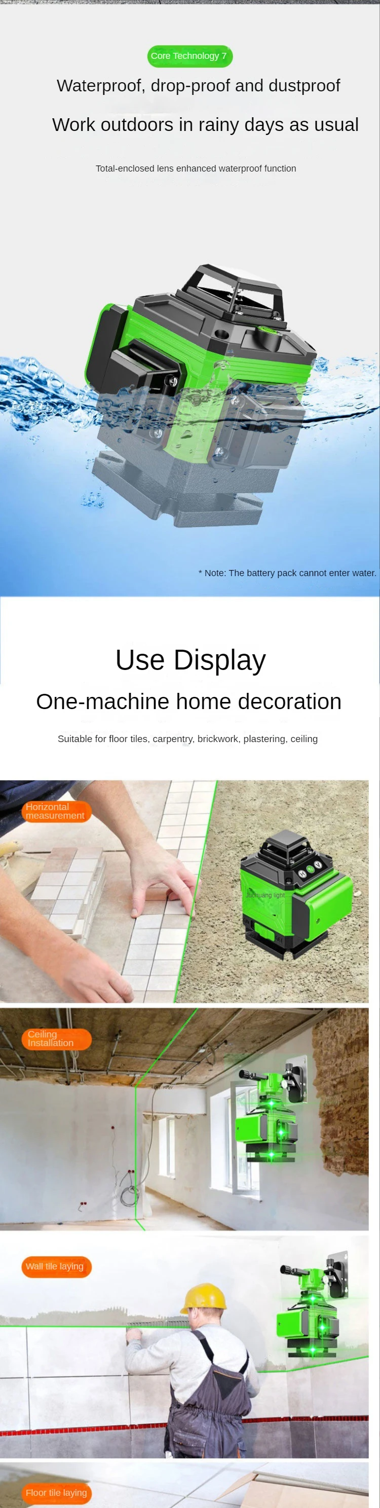 Nível laser a mostrar linha de alinhamento horizontal verde